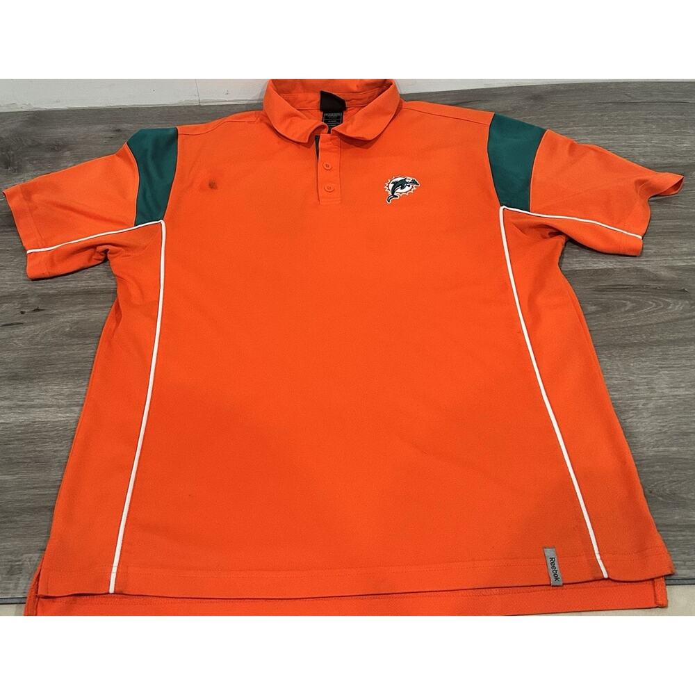 Reebok Miami Dolphins Polo Shirt, Men's L Orange Green Old Logo Embroidered NFL